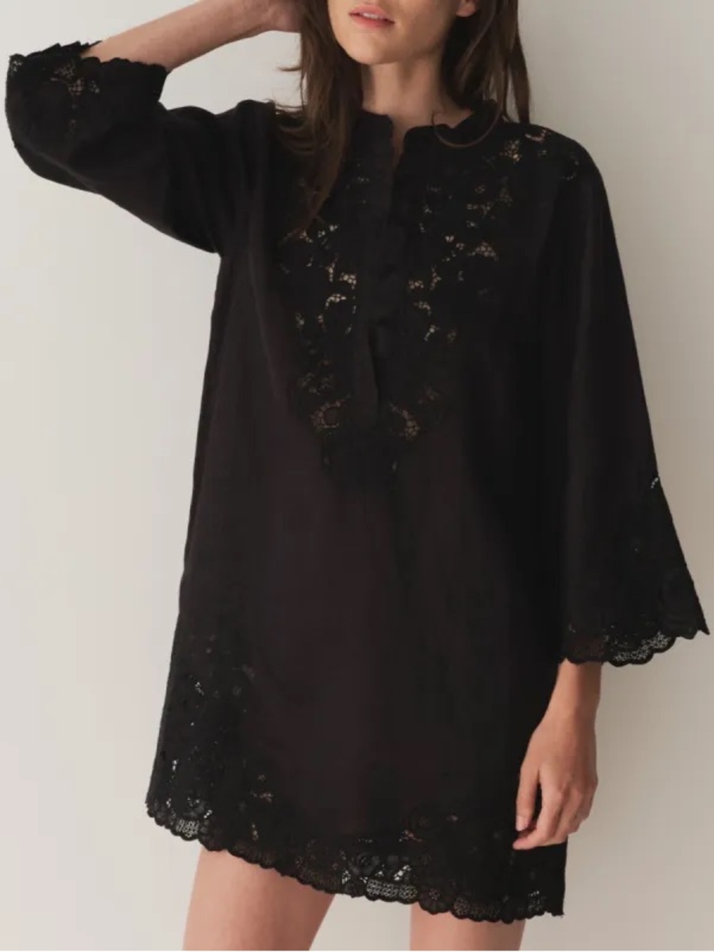 DOEN Black Linen Floral Embroidered Rochelle Mini Dress Size Small